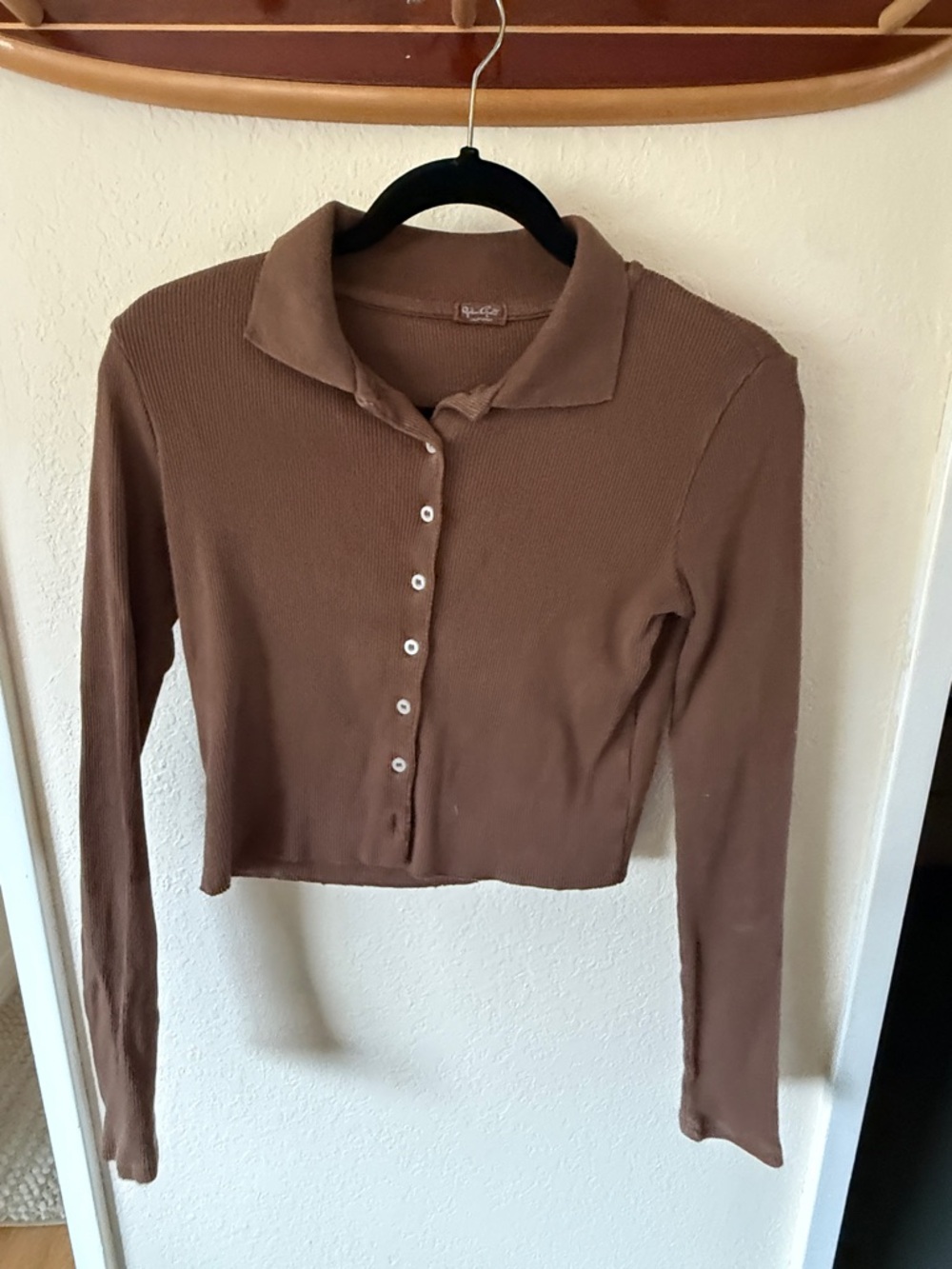 Ribbed Button-Front Long Sleeve Top - Brown
